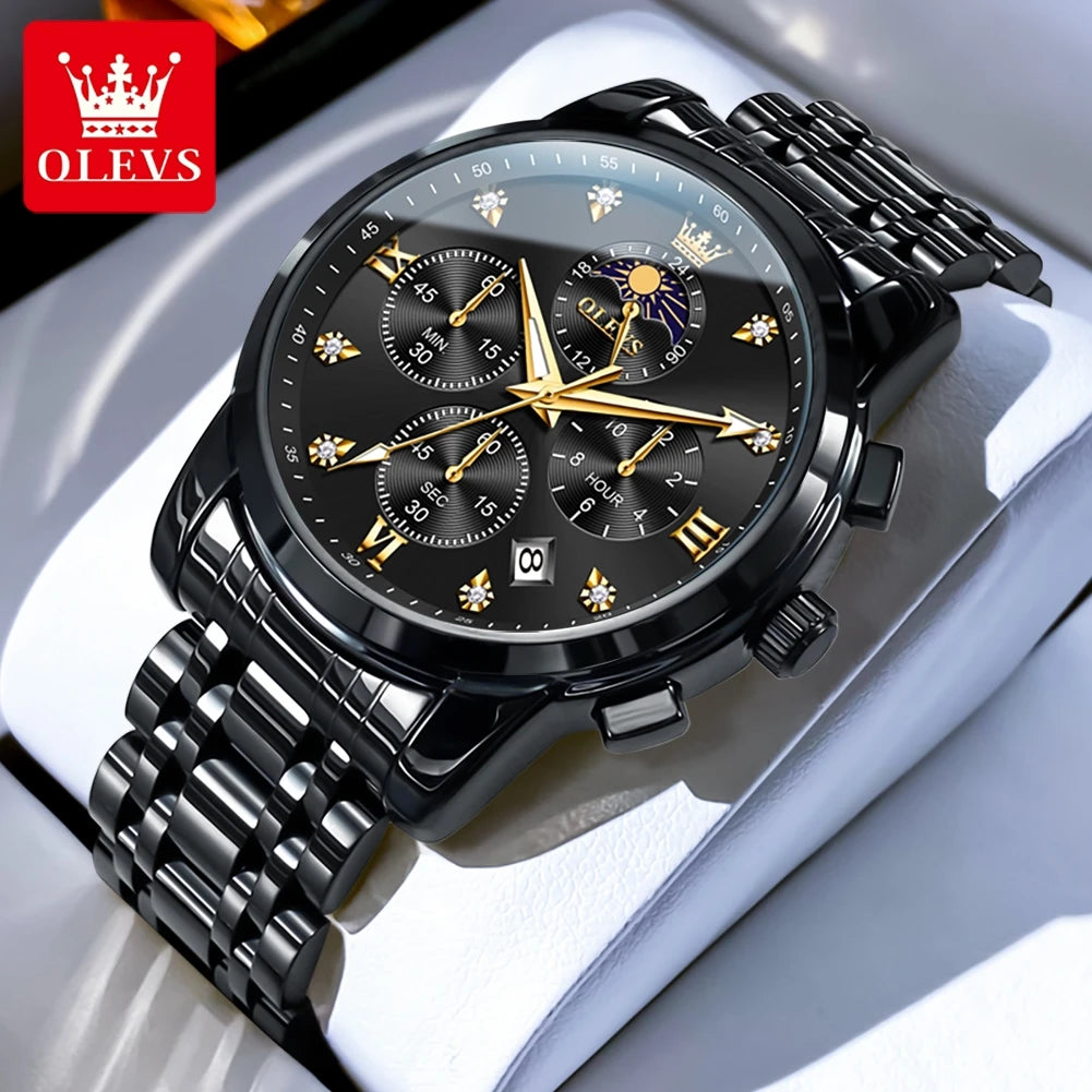 OLEVS Top Luxury Brand Men's Watches Moon Phase Chronograph Quartz Watch for Man Gold Stainless Steel Luminous Original Watch