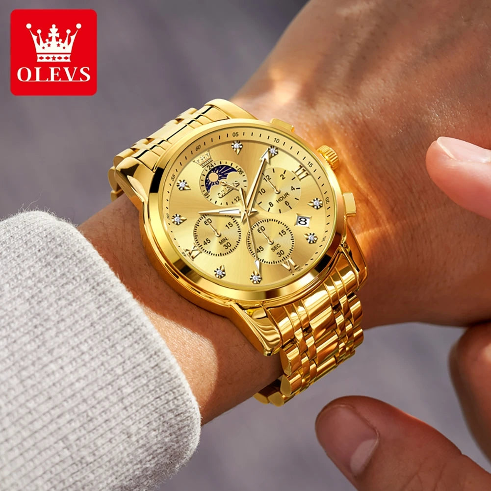 OLEVS Top Luxury Brand Men's Watches Moon Phase Chronograph Quartz Watch for Man Gold Stainless Steel Luminous Original Watch