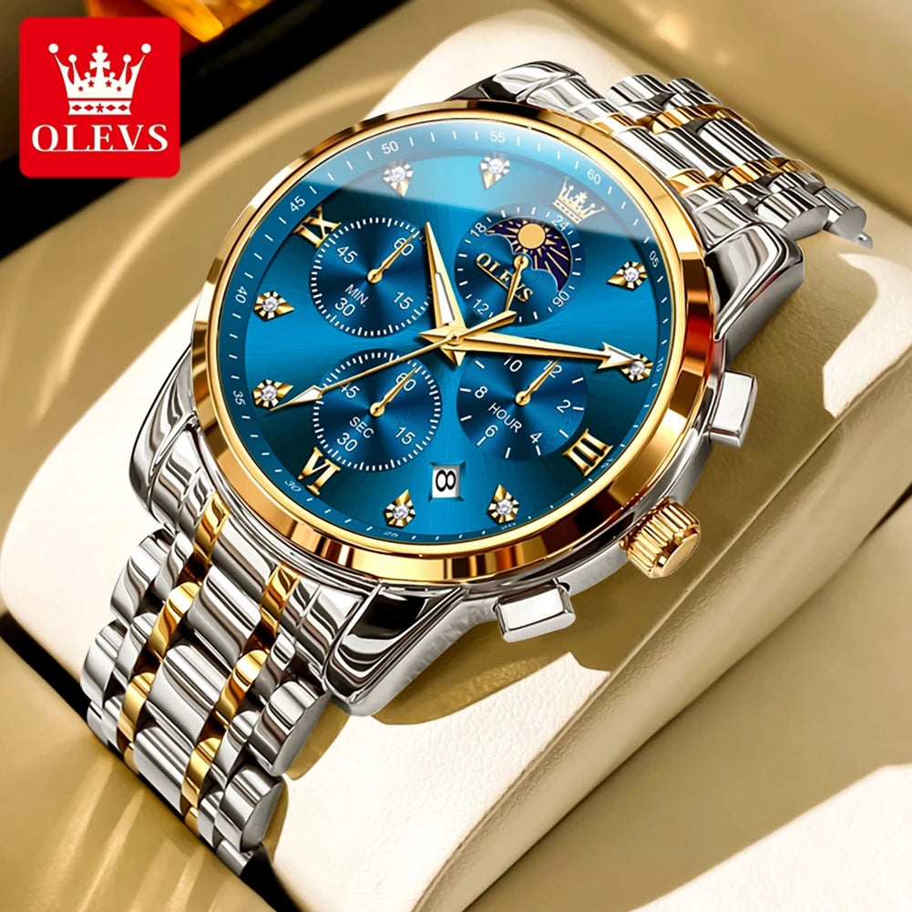 OLEVS Top Luxury Brand Men's Watches Moon Phase Chronograph Quartz Watch for Man Gold Stainless Steel Luminous Original Watch