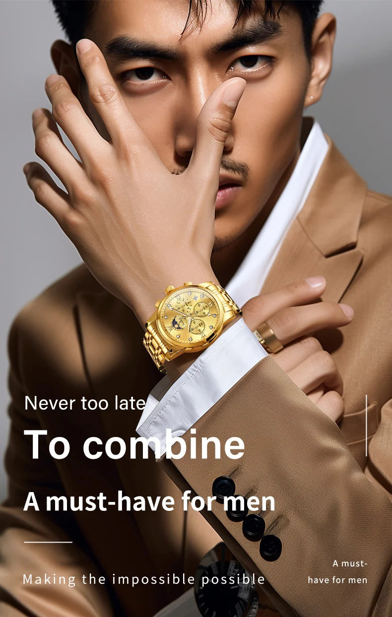 OLEVS Top Luxury Brand Men's Watches Moon Phase Chronograph Quartz Watch for Man Gold Stainless Steel Luminous Original Watch