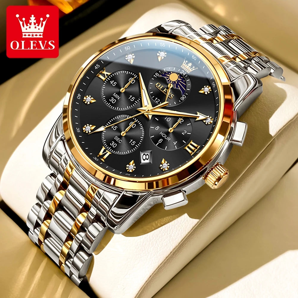 OLEVS Top Luxury Brand Men's Watches Moon Phase Chronograph Quartz Watch for Man Gold Stainless Steel Luminous Original Watch
