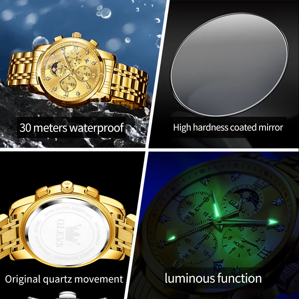 OLEVS Top Luxury Brand Men's Watches Moon Phase Chronograph Quartz Watch for Man Gold Stainless Steel Luminous Original Watch