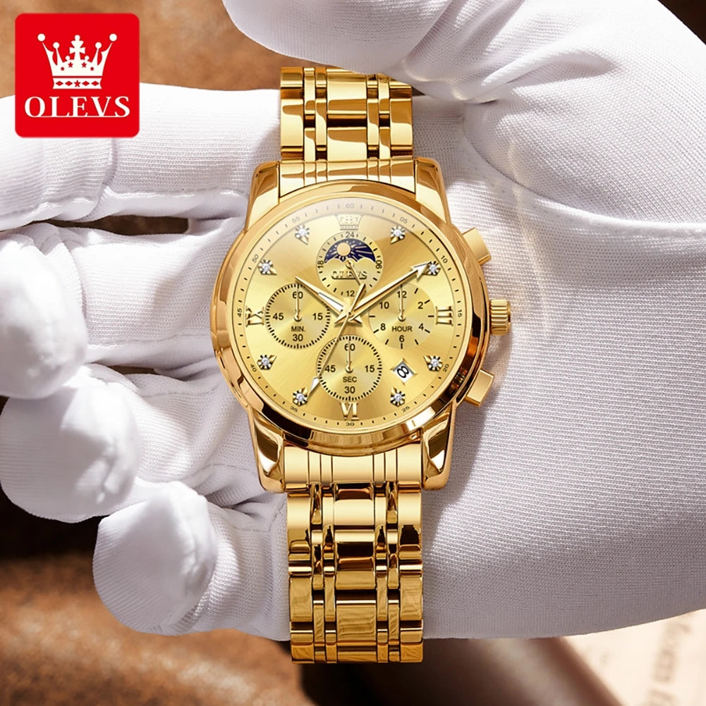 OLEVS Top Luxury Brand Men's Watches Moon Phase Chronograph Quartz Watch for Man Gold Stainless Steel Luminous Original Watch