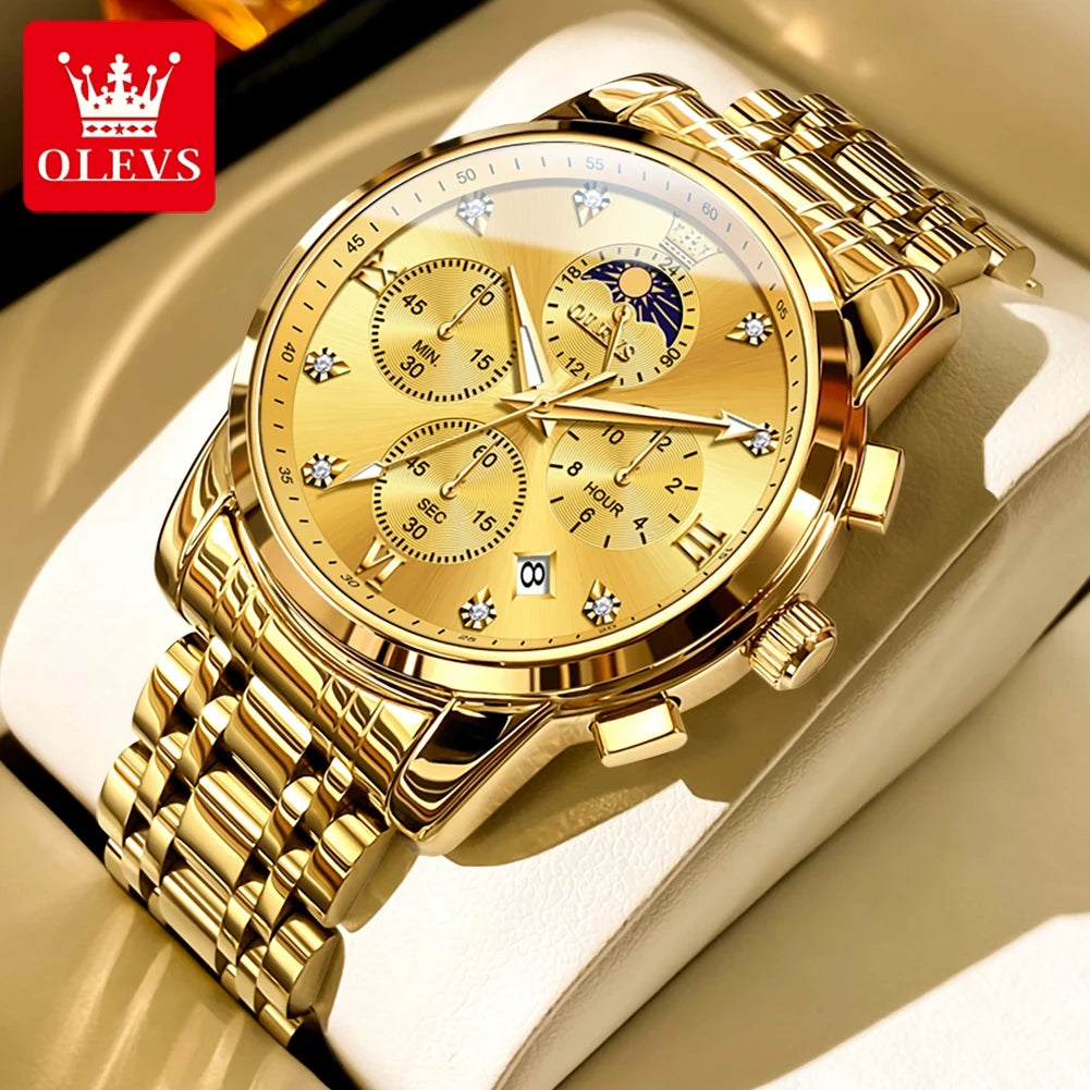 OLEVS Top Luxury Brand Men's Watches Moon Phase Chronograph Quartz Watch for Man Gold Stainless Steel Luminous Original Watch