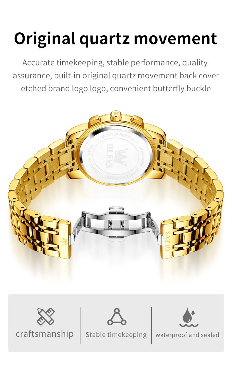 OLEVS Top Luxury Brand Men's Watches Moon Phase Chronograph Quartz Watch for Man Gold Stainless Steel Luminous Original Watch