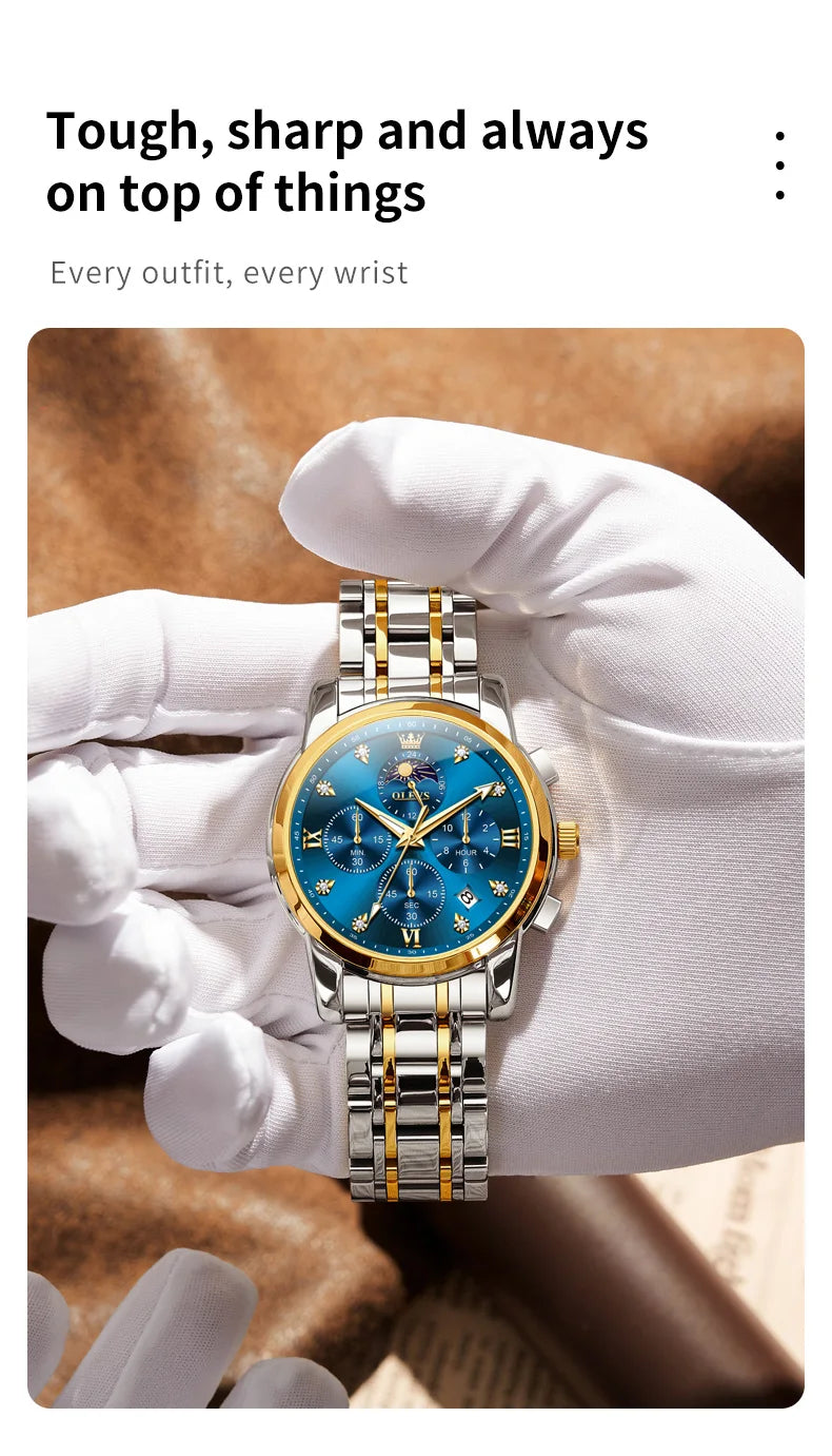 OLEVS Top Luxury Brand Men's Watches Moon Phase Chronograph Quartz Watch for Man Gold Stainless Steel Luminous Original Watch