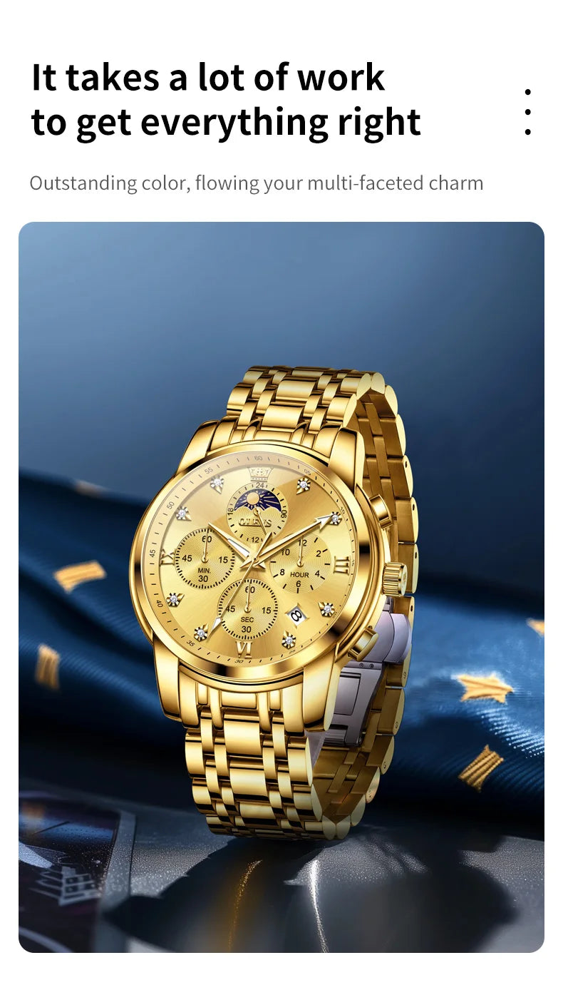 OLEVS Top Luxury Brand Men's Watches Moon Phase Chronograph Quartz Watch for Man Gold Stainless Steel Luminous Original Watch
