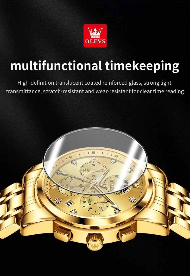 OLEVS Top Luxury Brand Men's Watches Moon Phase Chronograph Quartz Watch for Man Gold Stainless Steel Luminous Original Watch
