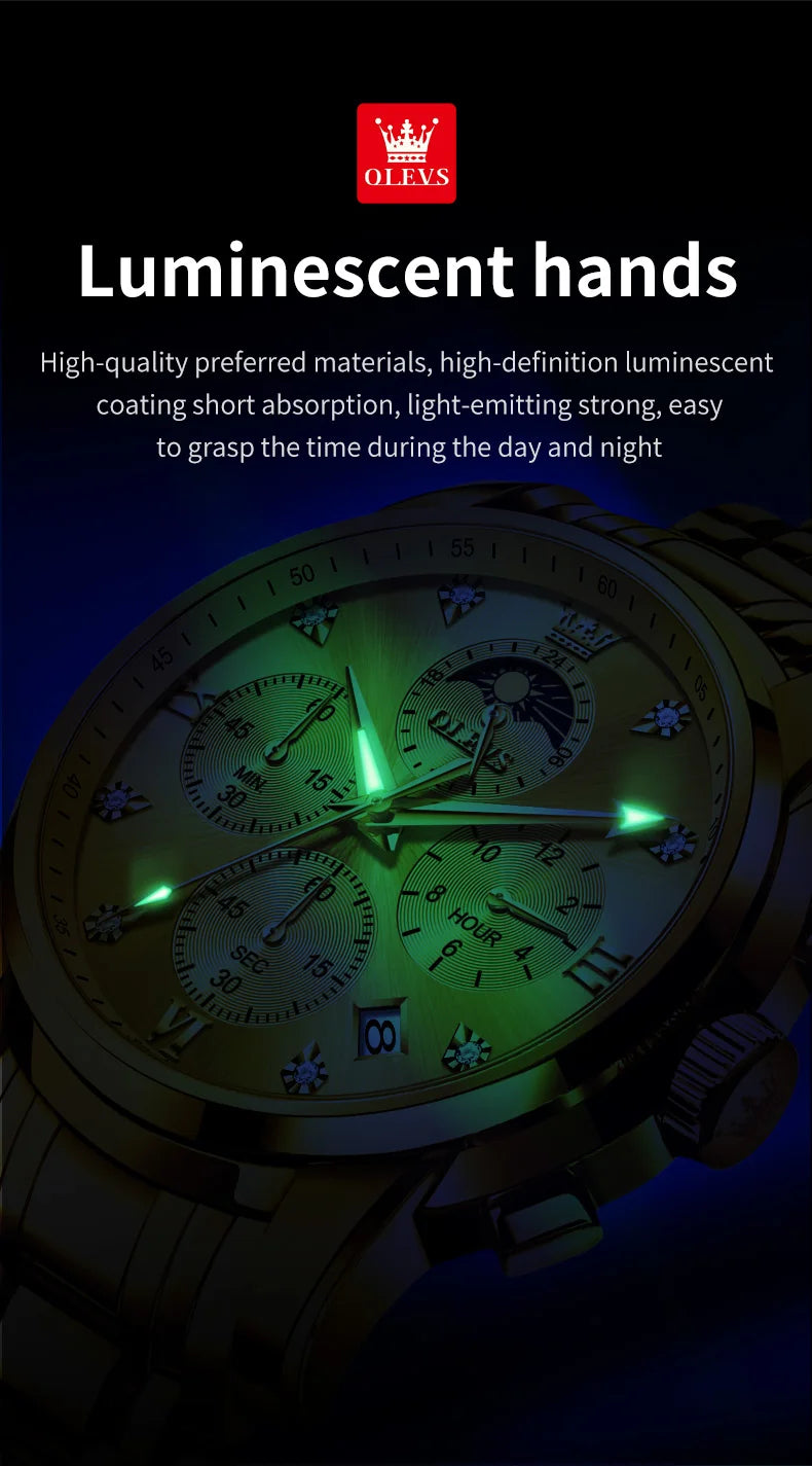 OLEVS Top Luxury Brand Men's Watches Moon Phase Chronograph Quartz Watch for Man Gold Stainless Steel Luminous Original Watch