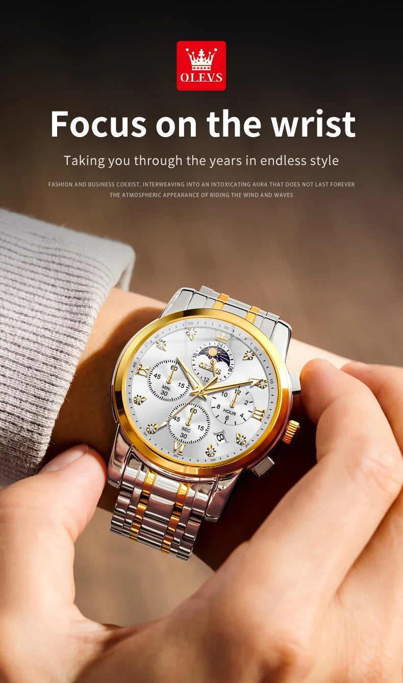 OLEVS Top Luxury Brand Men's Watches Moon Phase Chronograph Quartz Watch for Man Gold Stainless Steel Luminous Original Watch