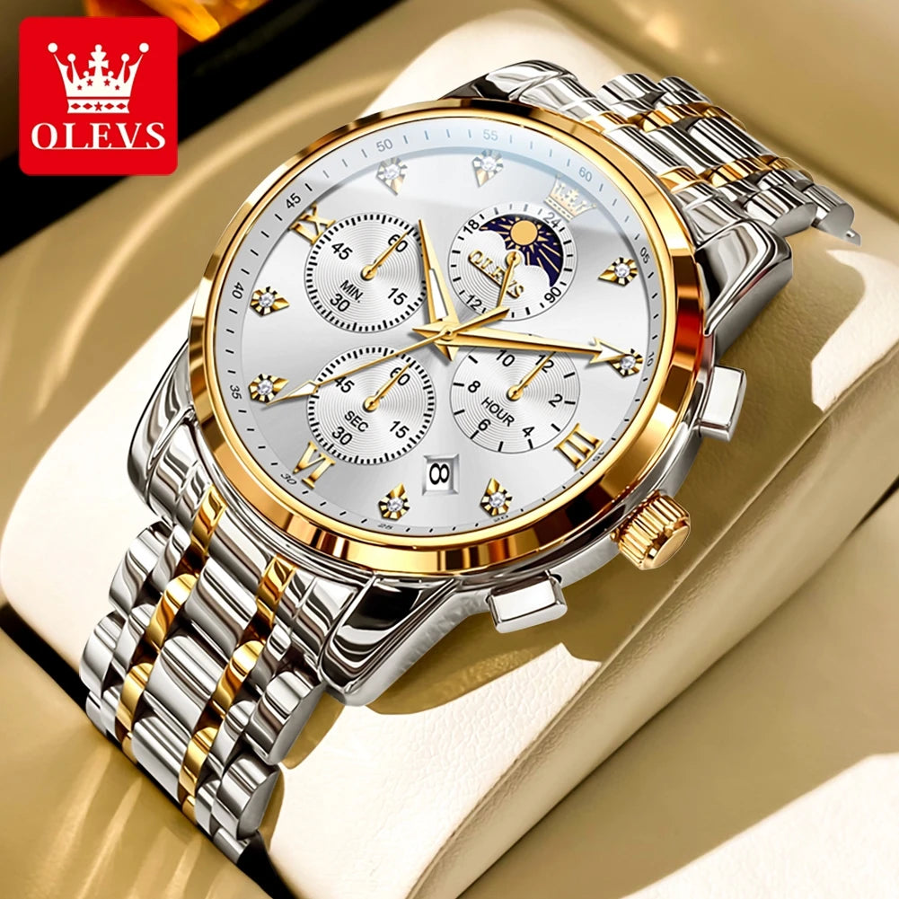 OLEVS Top Luxury Brand Men's Watches Moon Phase Chronograph Quartz Watch for Man Gold Stainless Steel Luminous Original Watch